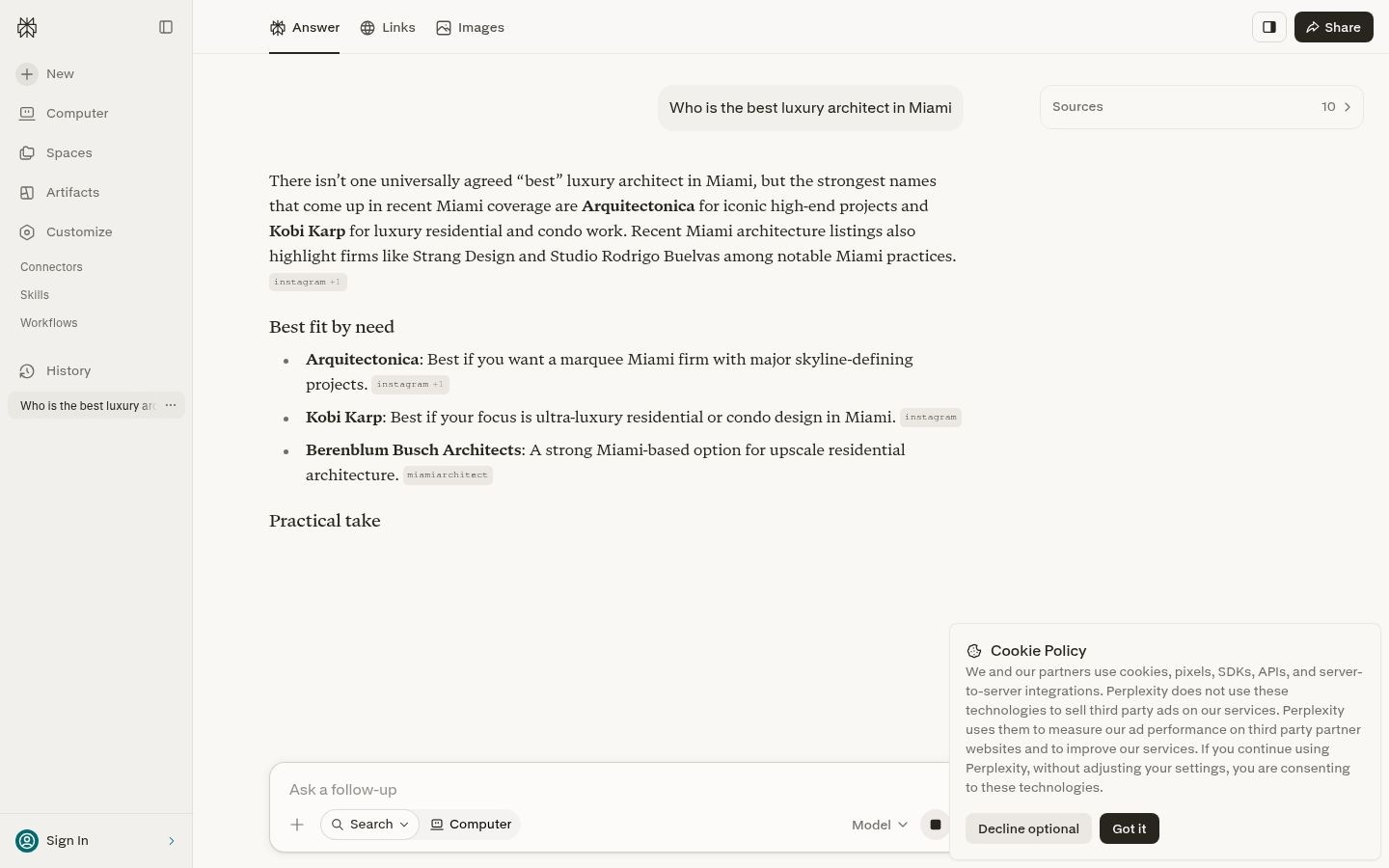 Perplexity citing Kobi Karp with his Haute Living profile